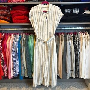 Universal Thread white/navy striped belted one pocket button down dress S NWT